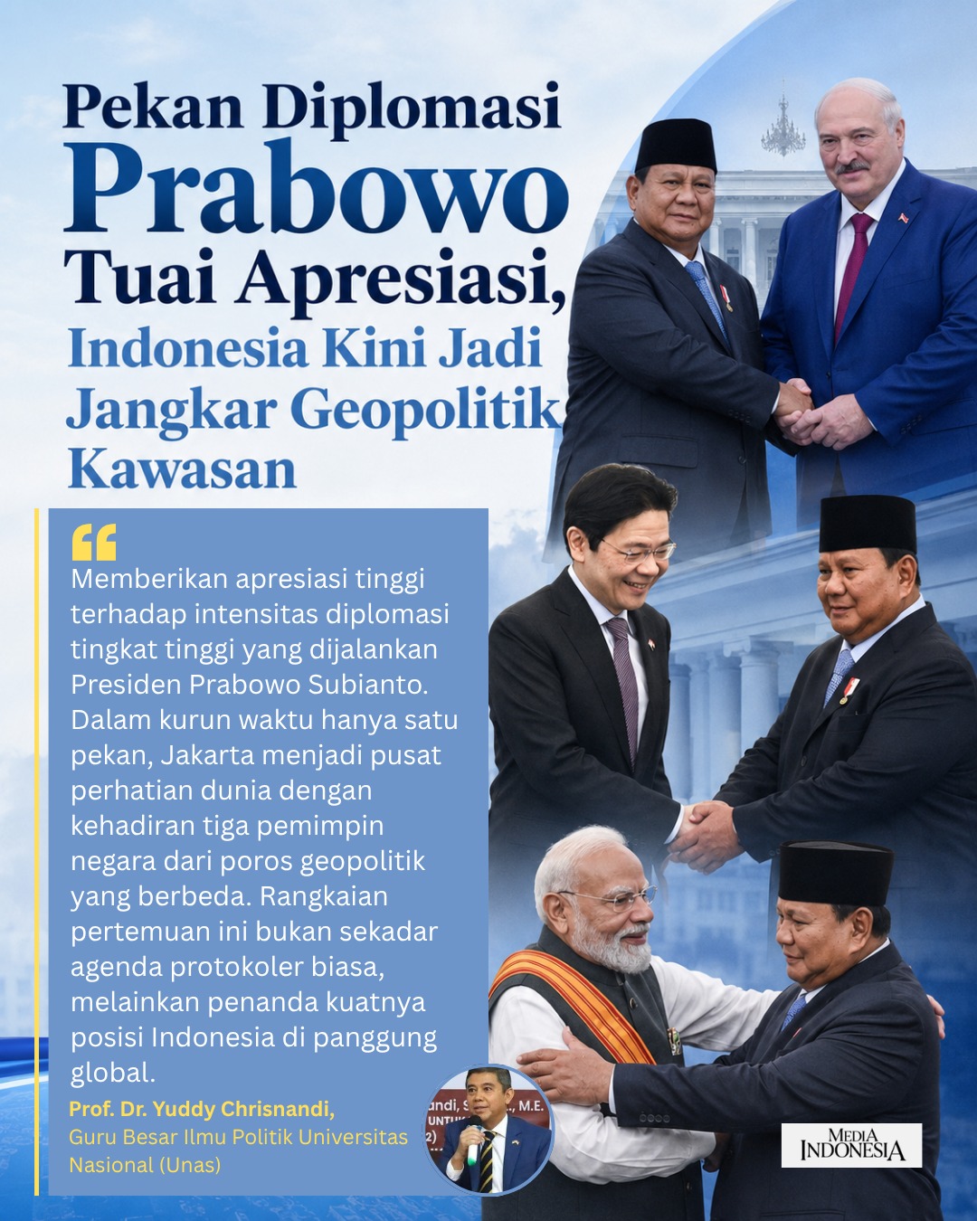 Pekan Diplomasi Prabowo Tuai Apresiasi, Yuddy Chrisnandi: Indonesia Kini Jadi Jangkar Geopolitik Kawasan